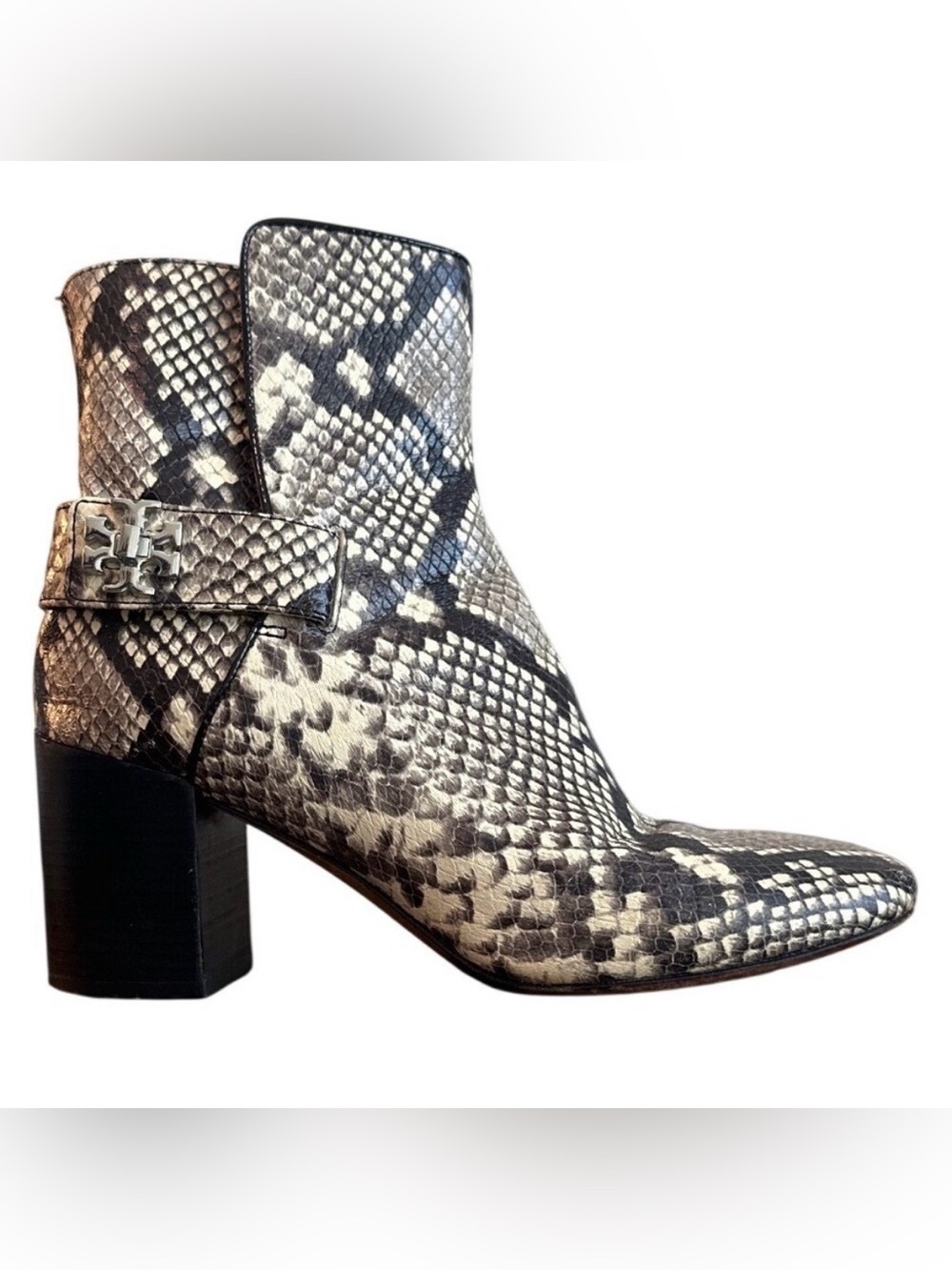 Tory Burch Kira 70mm Snake Embossed Leather Turnlock Booties 7.5